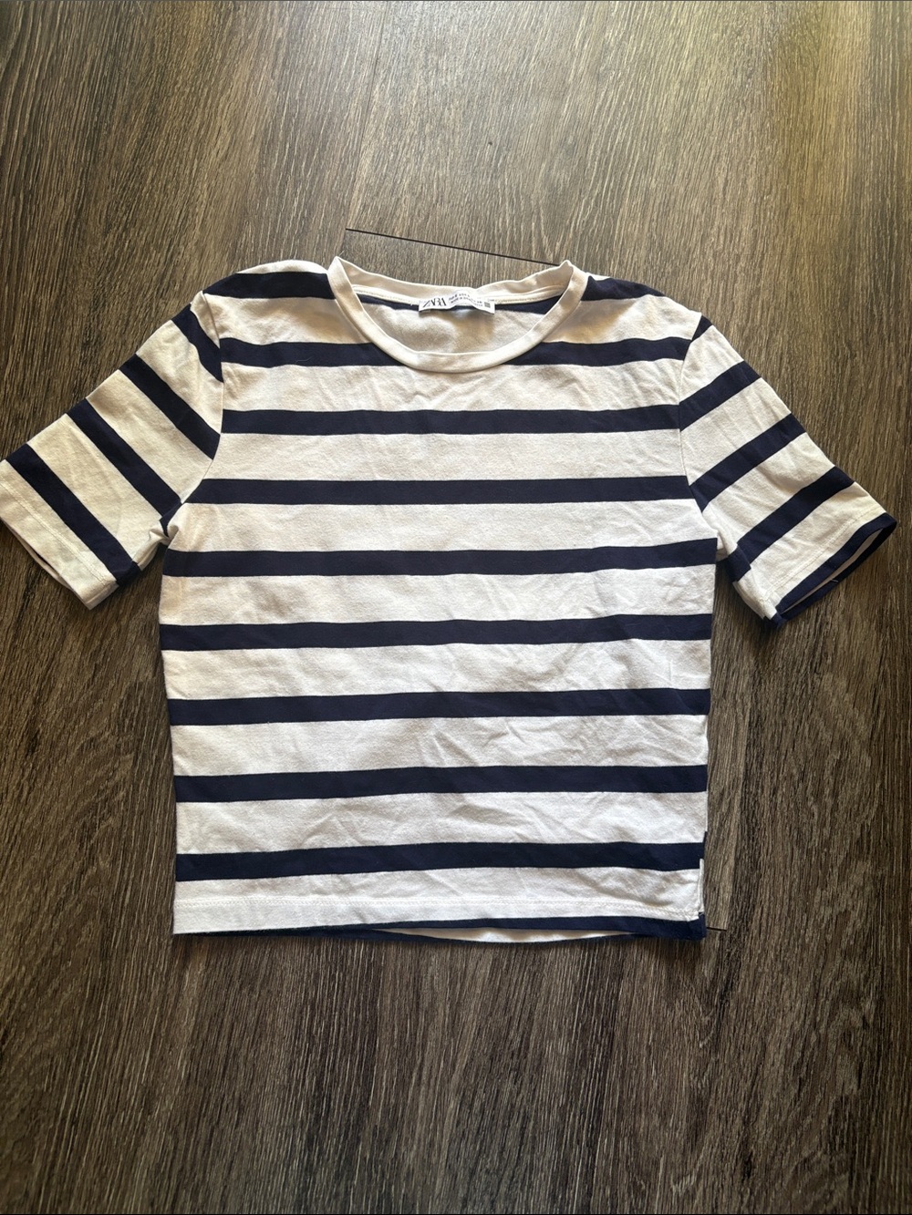 Zara Navy and White Striped Short Sleeve Tee